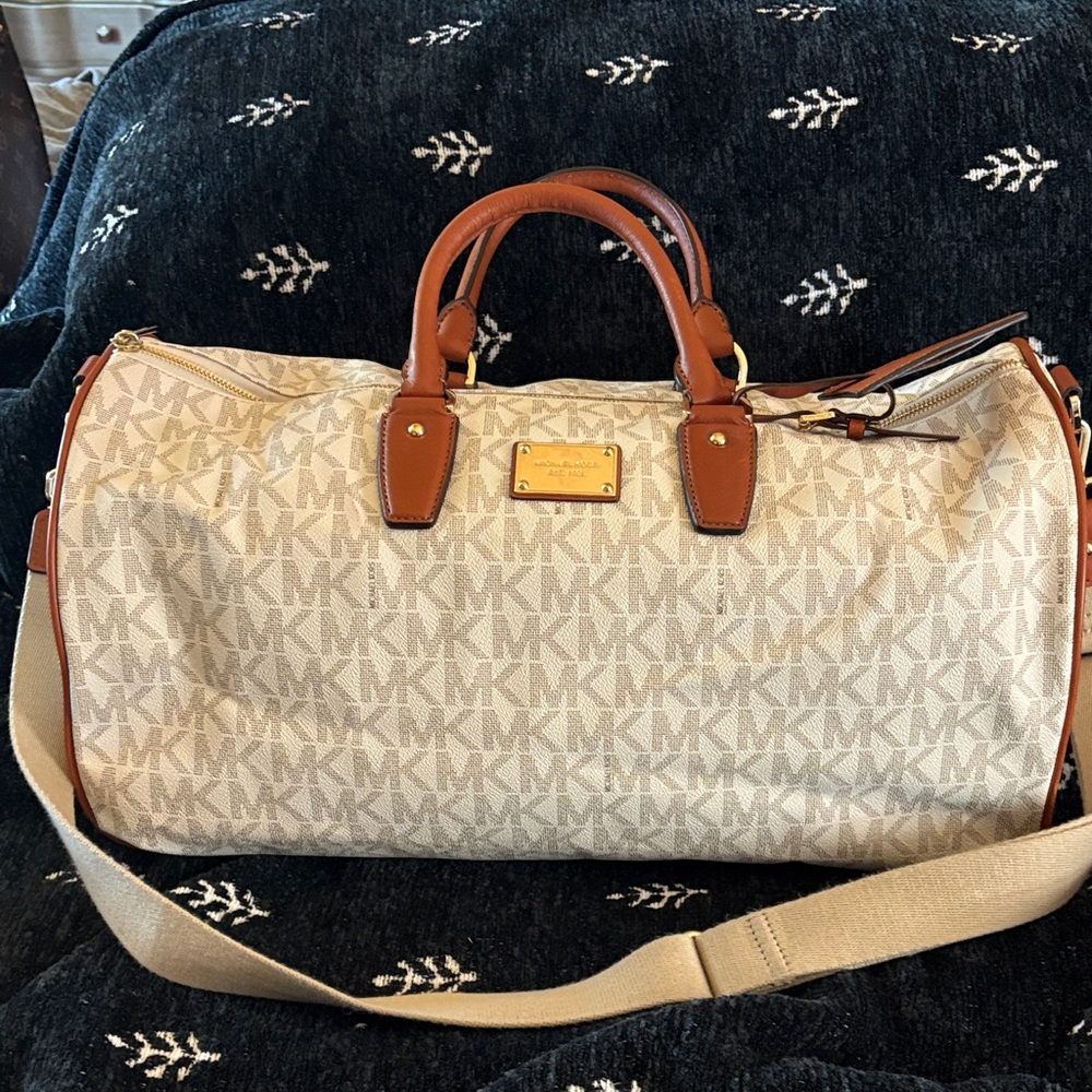 Michael Kors Tan and Brown Monogram Duffel Bag
